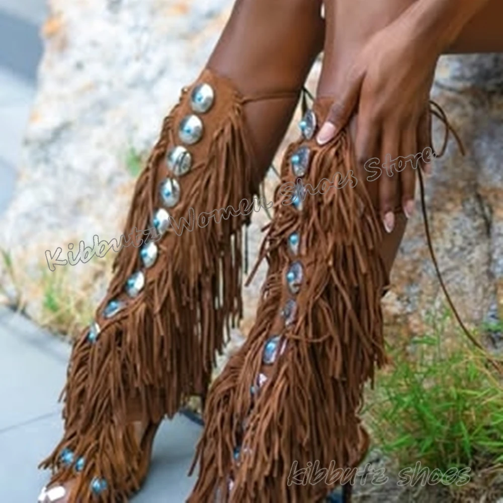 

Tassels Sandals Knee High Boots Suede Crystal Fashion Luxury Elegant Concise Women Shoes Newest Glossy Solid Color Cross Strap