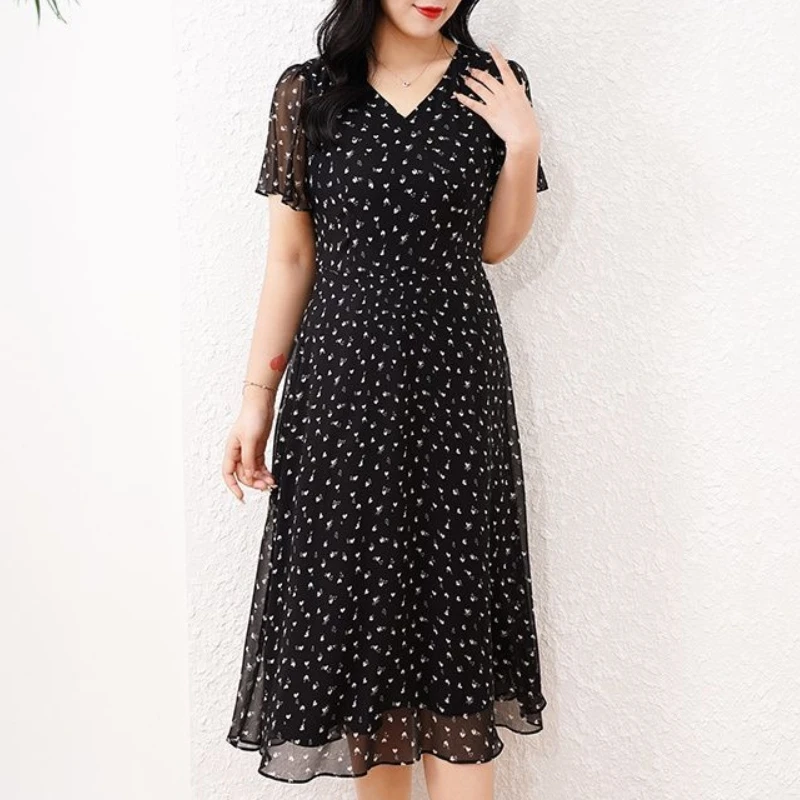 2024 New Summer Chinese Style Commuting Fashion Loose Chiffon Floral A-line Skirt V-neck Bubble Sleeve Women\'s Mid Length Dress