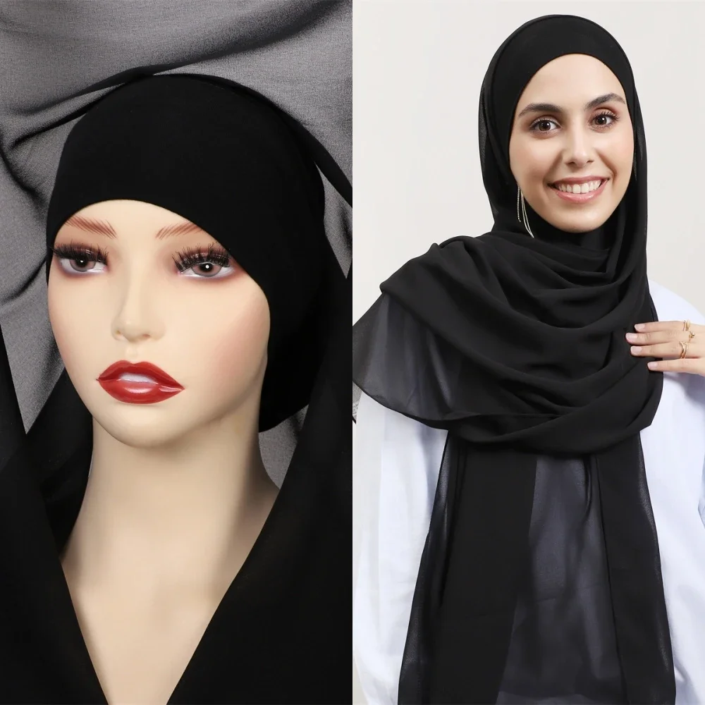 2025New Hot Sale Premium Instant Chiffon Hijab Wrap With Bulit-in Magnets Solid Color Muslim Women Scarf Shawl with Undercap