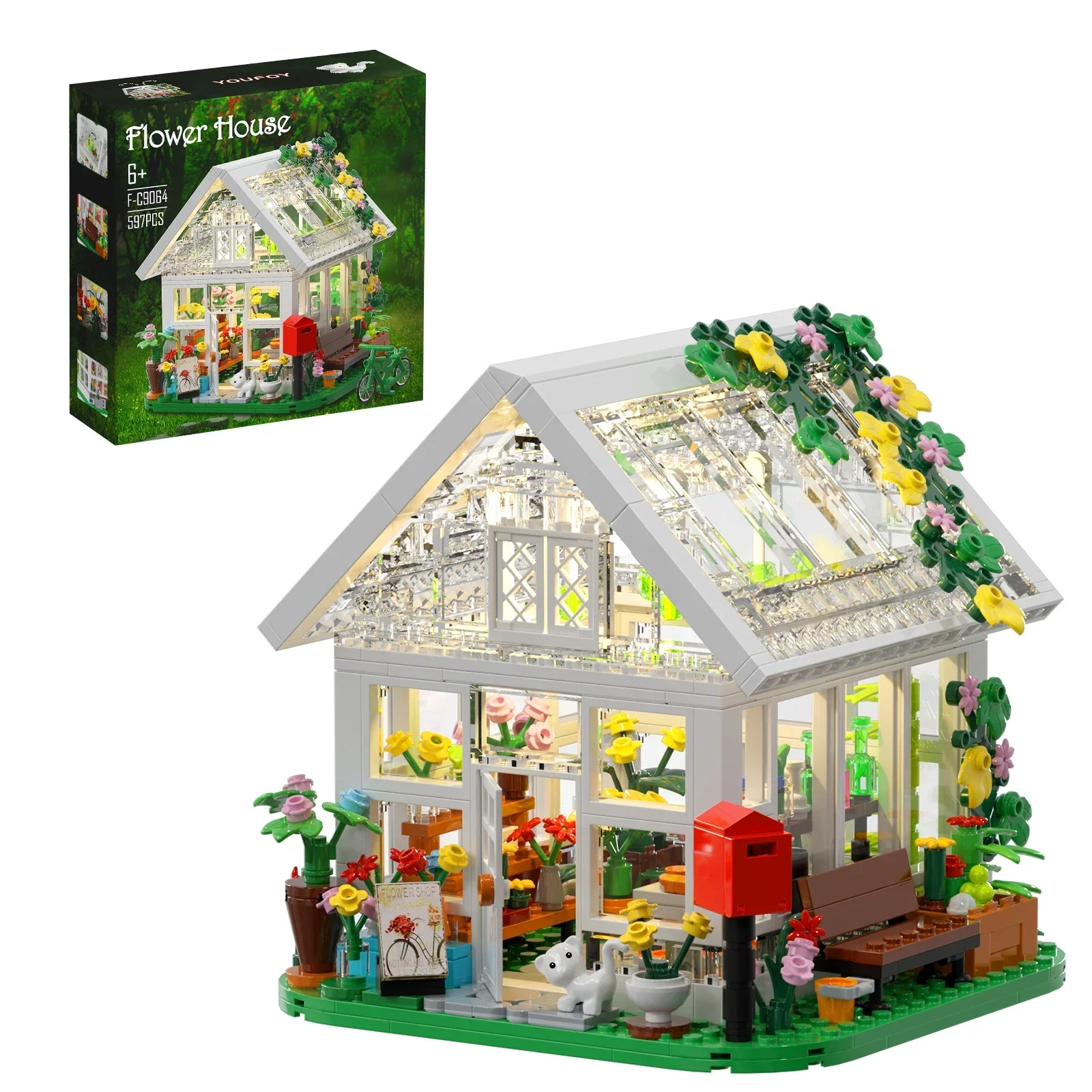 Flower House Building Set,Garden House Building Toy with LED Light,Build a Greenhouse Great Gift for Friends or Girls 597 Pieces