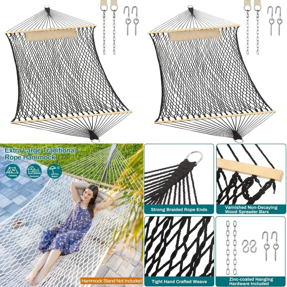 Amaca doppia in cotone con barra e cuscino in legno duro, capacità 450 libbre, adatta per uso esterno e interno, nera