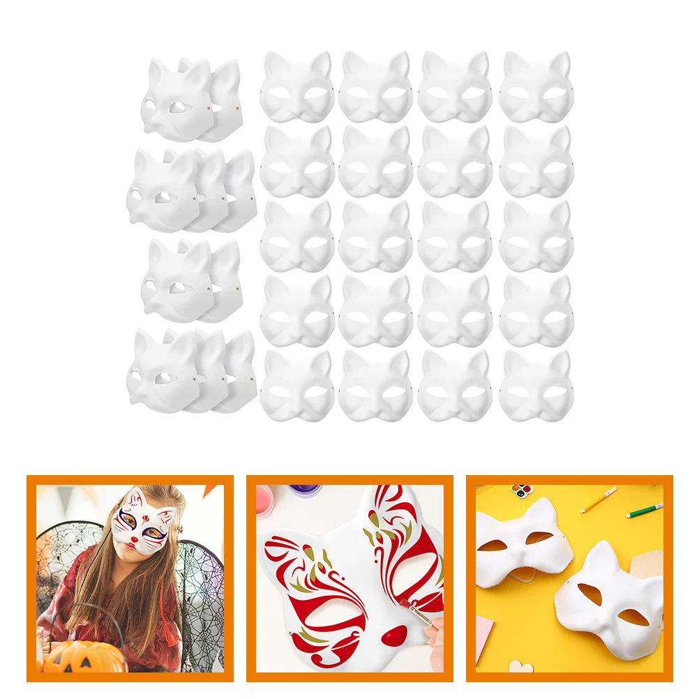 30 Pcs Kitsune Hand Painted Mask Halloween Unpainted Masquerade Masks Catmasks White DIY Miss