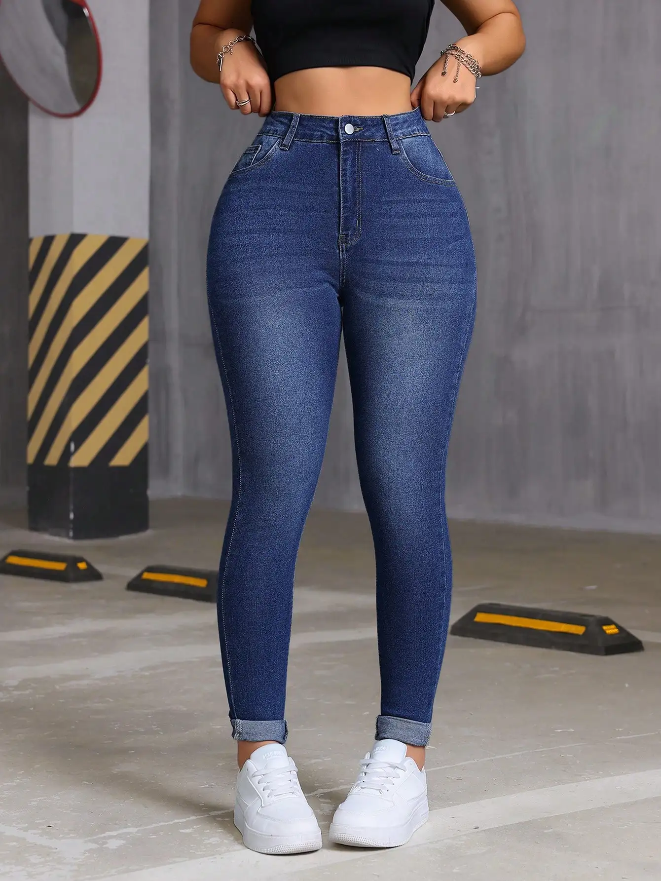 

Джинсы женские с высокой талией, облегающие, с манжетами, из эластичного денима с карманами, повседневный осенний стиль