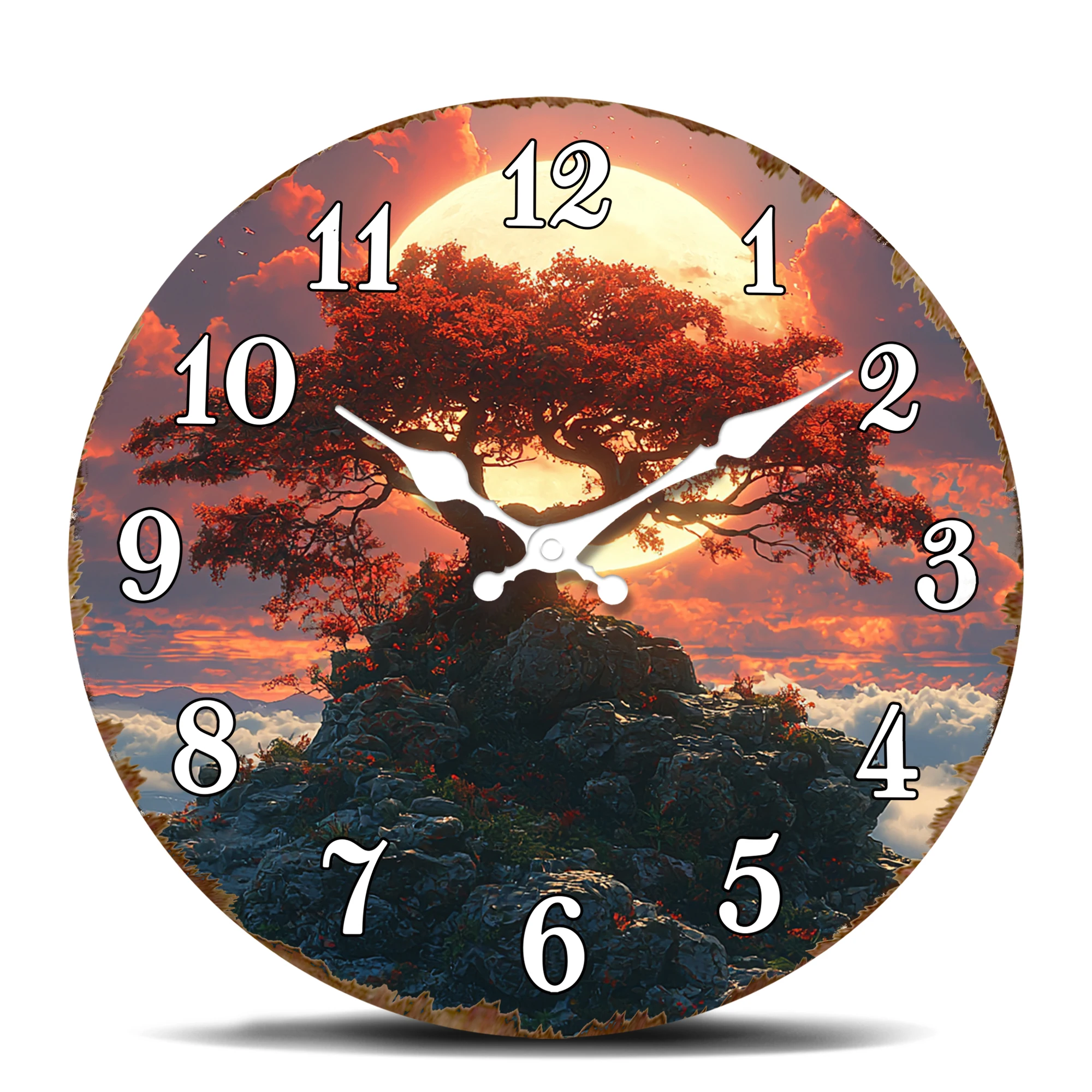 Lone Tree on Rocky Hill at Sunset Round Wall Clock - Dramatic Landscape Decorative Timepiece with Moon Backdrop