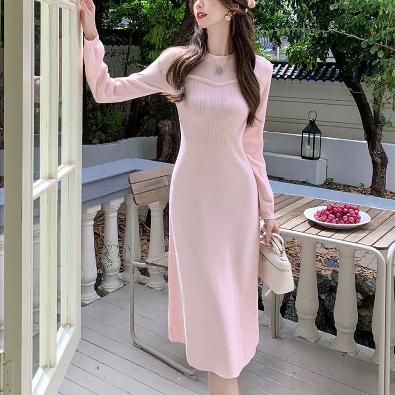 

French Style Gentle Midi Dress Women's Clothing Solid Color Autumn Winter Slim Waist Elegant A-Line Patchwork Knitted Dresses