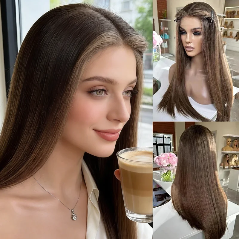 

Длинный прямой синтетический парик, средний коричневый с блондом, омбре, с кружевной передней частью, для женщин, 5% натуральных волос, 24 дюйма, для косплея