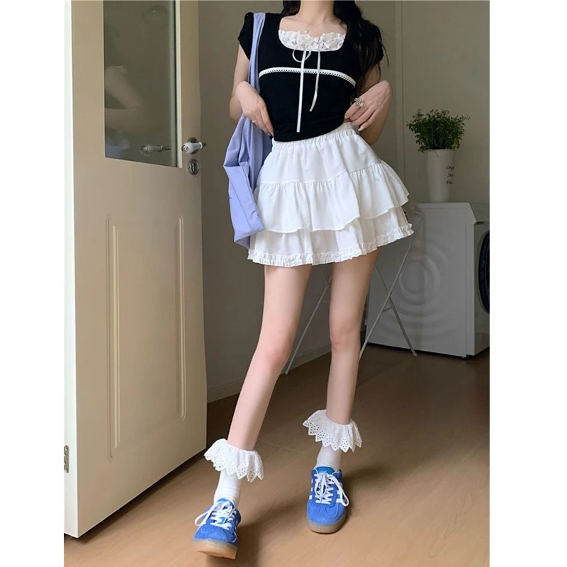 Summer New Ruffles High Waist Puffy Cake Skirt All-match Solid Youth Loose Sweet A-line Short Skirt Fashion Korean Women Clothes