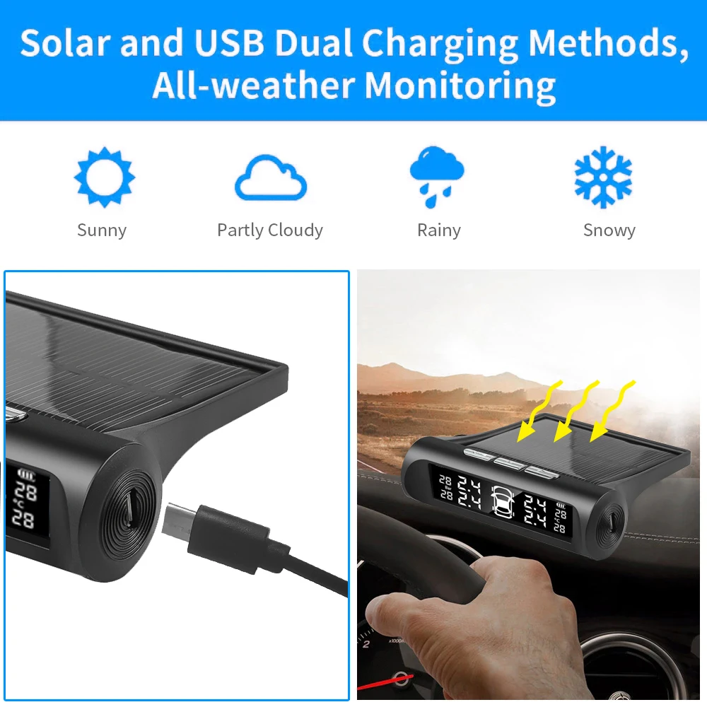 Solar Power TPMS Car Tire Pressure Alarm Monitor System Auto Security Alarm Systems Tyre Pressure Temperature Warning 4 Sensors