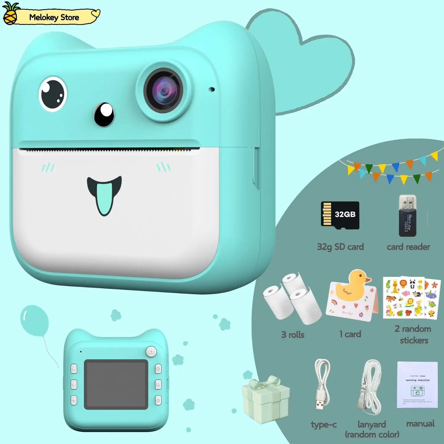 Printer Kamera Foto Anak Biru Merah Muda dengan Video Digital Mini Lucu Permainan Kamera Cetak Instan Anak Hadiah Ulang Tahun Anak Perempuan Laki-laki