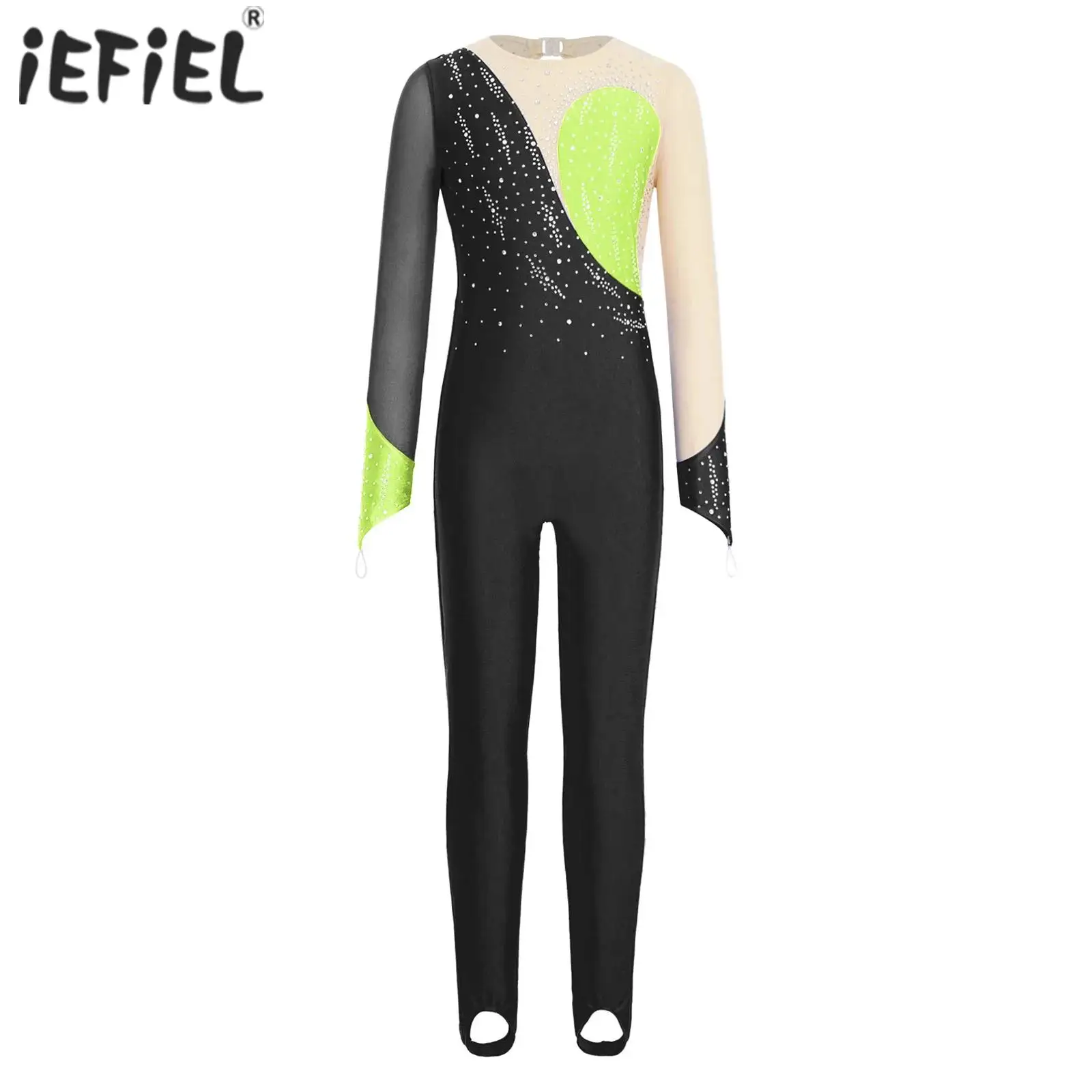 Maillot de Gimnasia Artística para Niñas, Traje de Patinaje Artístico, Ballet, Danza, Mono Completo con Orificios para los Dedos, Malla Brillante con Pedrería, Unitardo