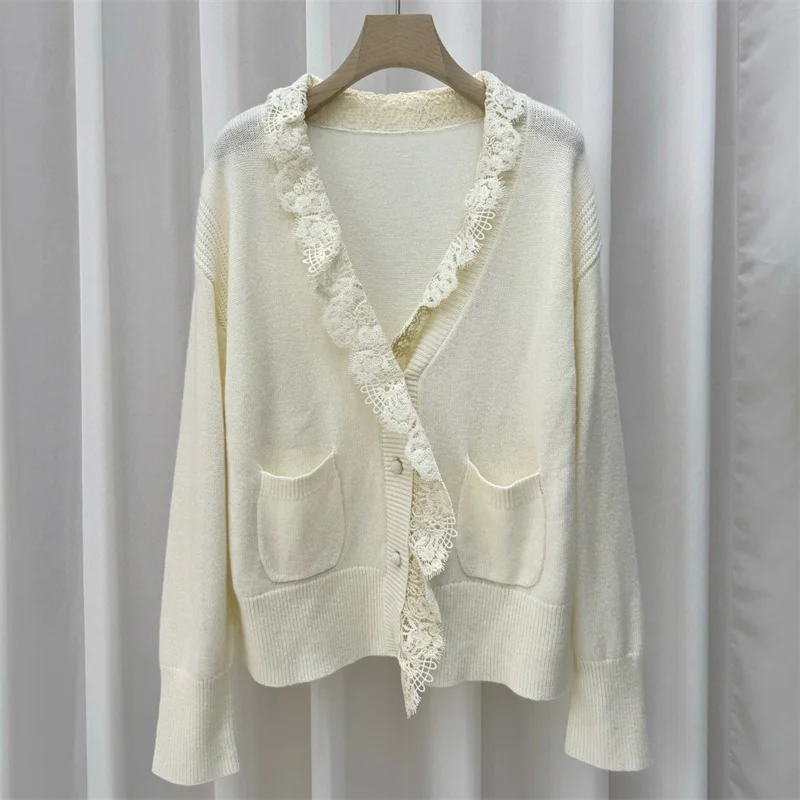 

Кардиган для женщин, новинка зимы 2020, однобортный облегающий топ с длинными рукавами, шерстяной женский свитер, кружевной лоскутный трикотаж