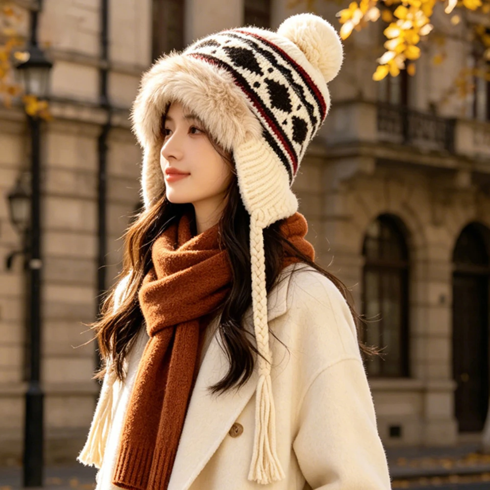 HT5192 Skullies Beanies Thick Warm Winter Wool Beanie Hat Women Fleece Lined Russian Fur Hat Ladies Knitted Snow Ski Earflap Cap