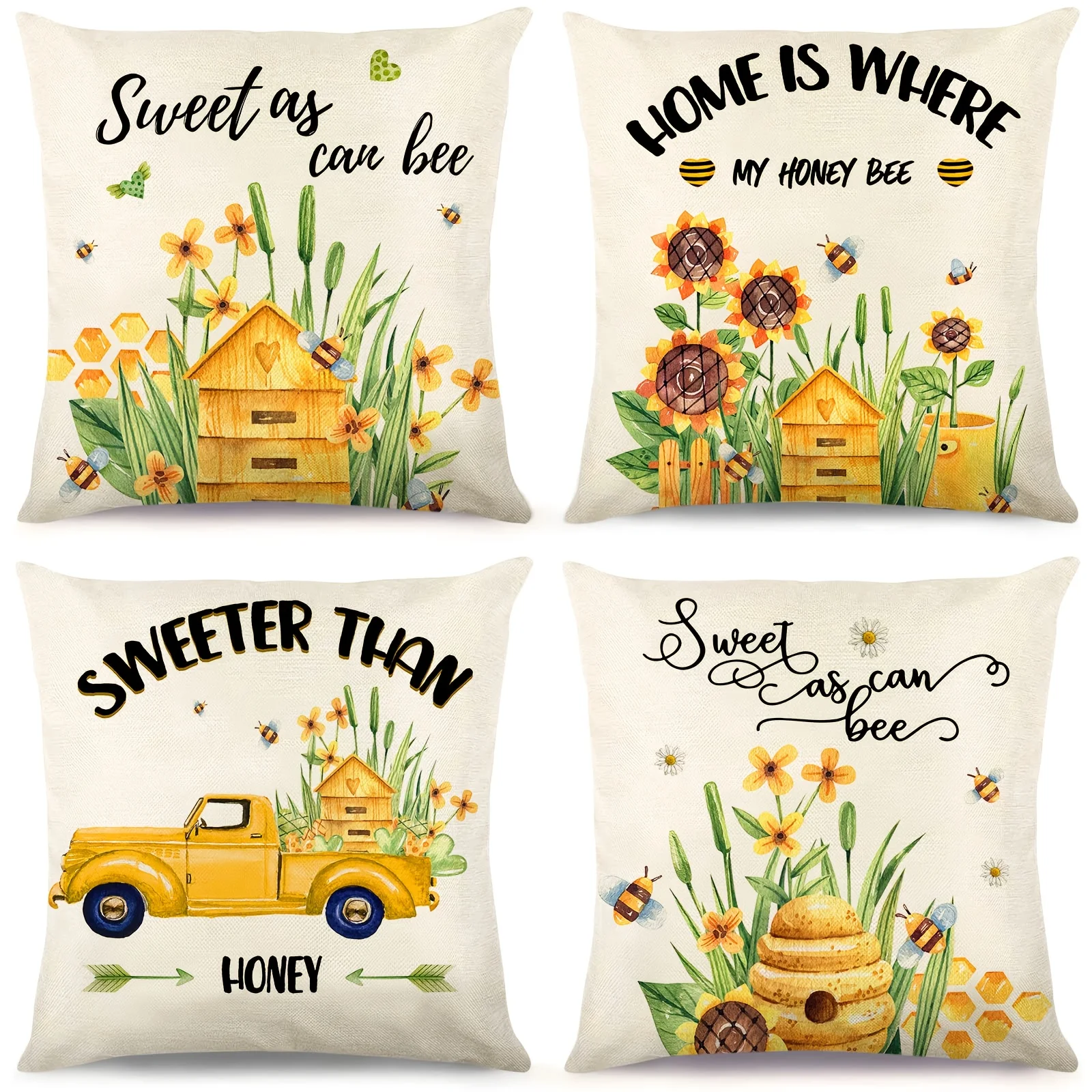 1pc Summer Honey Bee Floral Pillow Covers Farmhouse Bee Decor Throw Pillows  Decorative For Home (Cushion Not Included)