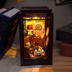 DIY Book Nook Insert Shelf Kits Wooden Miniature Model Kit Detective Agency Casa Bookend Assembled Bookshelf Home Decor Gifts