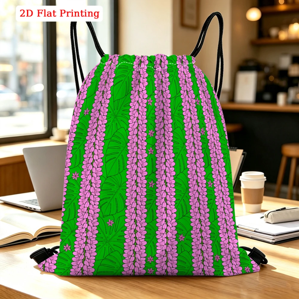 Purple Flowers Green Background Drawstring Backpack, Travel Shoe Bag, Fitness Sports Outdoor Backpack