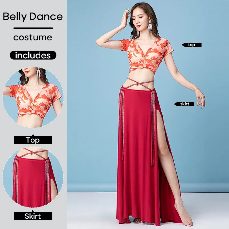Bauchtanz-Trainingsanzug-Set, Oberteil und Rock, 2-teiliges Set, sexy Kleidung, Outfit für Erwachsene, Damen, Bühnenkostüm, Arbeitsanzug, Übungskleidung