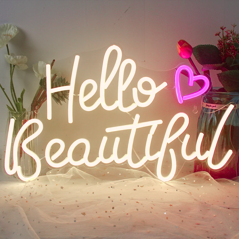 Hello Beautiful With Mini Heart Neon Sign Romantic Gorgeous LED Lamp Wall Party Wedding Proposal Bar Club Room Decor Neon Lights