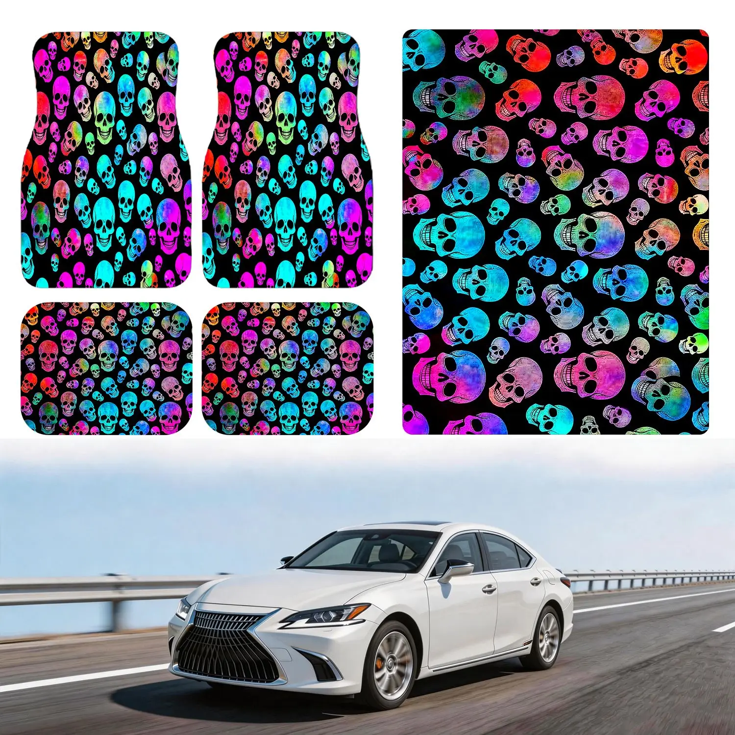 Universal Car Floor Mats And Trunk Liner Set Rainbow Skull Print Neon Colors Waterproof Rubber Non Slip Base 4 Pcs Kit For SUV