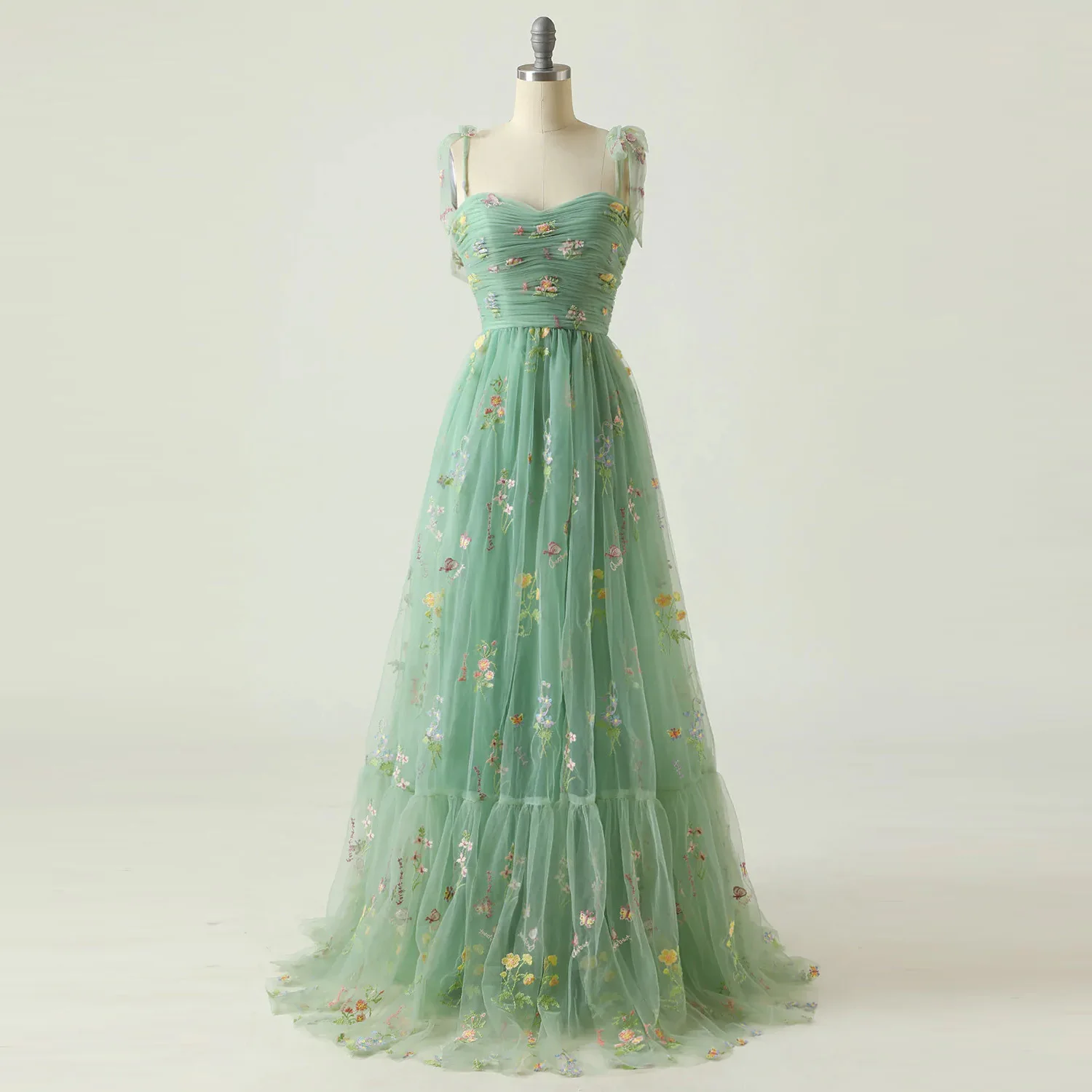 Fresh Fashionable Spaghetti Straps Sleeveless Embroidery Flowers Back Lace Up Formal Evening Prom Party Dress