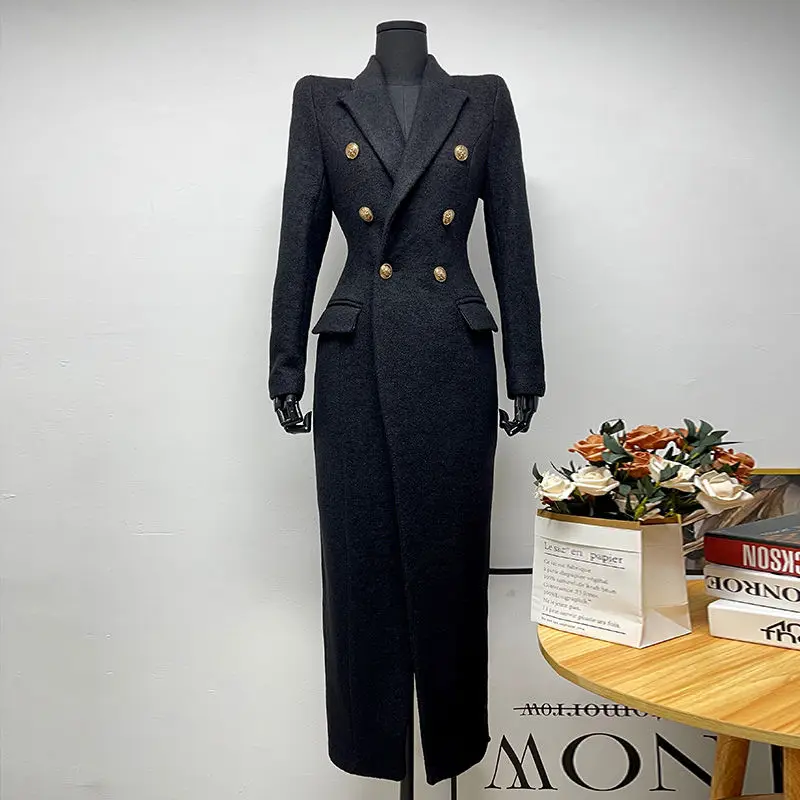 Women's Black Long Wool Coat Autumn Winter Tweed Jacket New High-end Lapel Double-Breasted Elegant Fitted Long Outerwear
