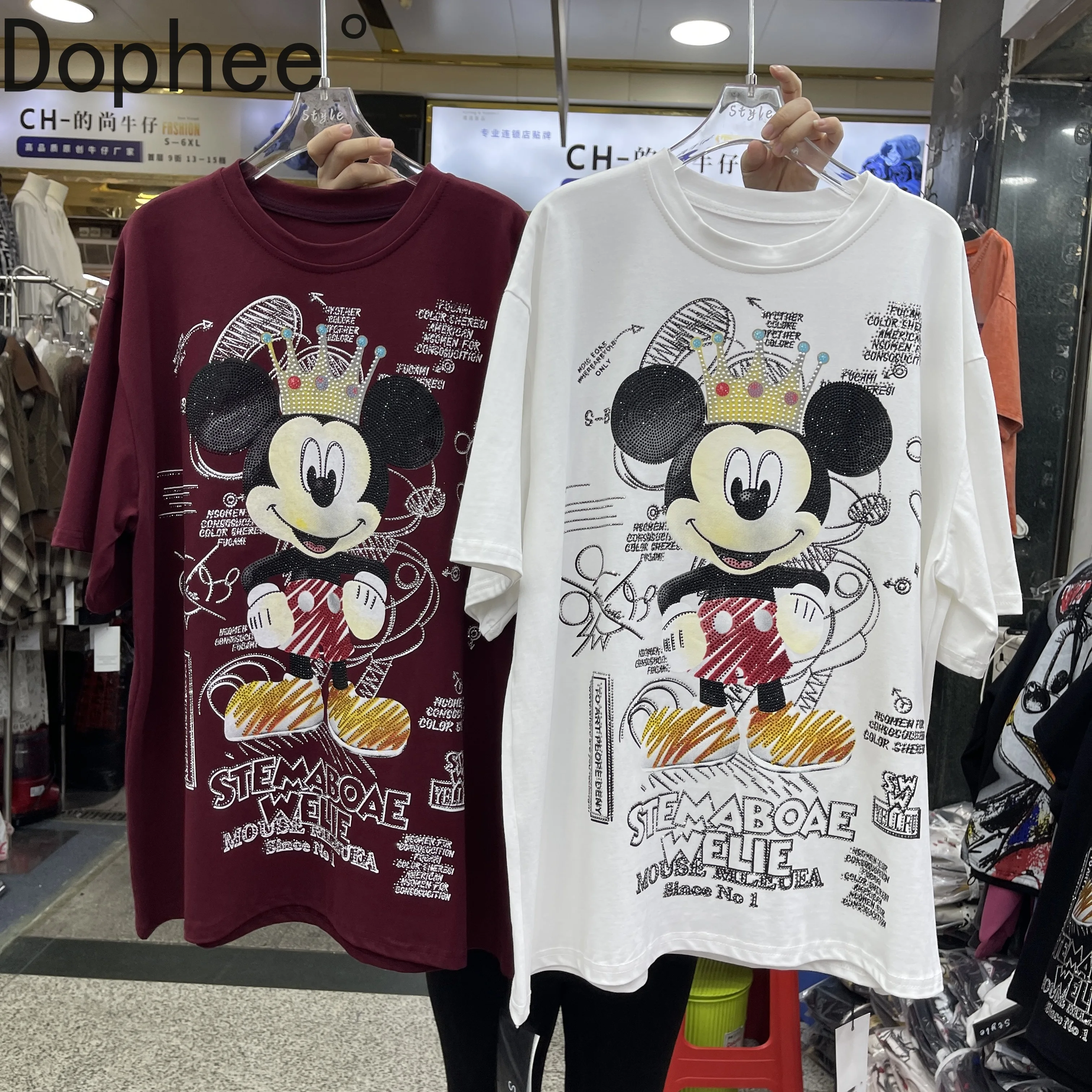 

Age Reduction Hot Drilling Mickey Loose Short Sleeve T-shirt New Autumn Round Neck Pullover Top Mid-long Casual Cotton Tees