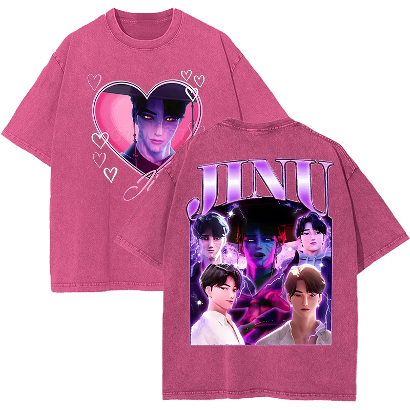 

Jinu KPop Demon Hunters мытая футболка для женщин и мужчин, летняя хлопковая винтажная стираная футболка большого размера, подарок фанату, футболки KPop Demon Hunters