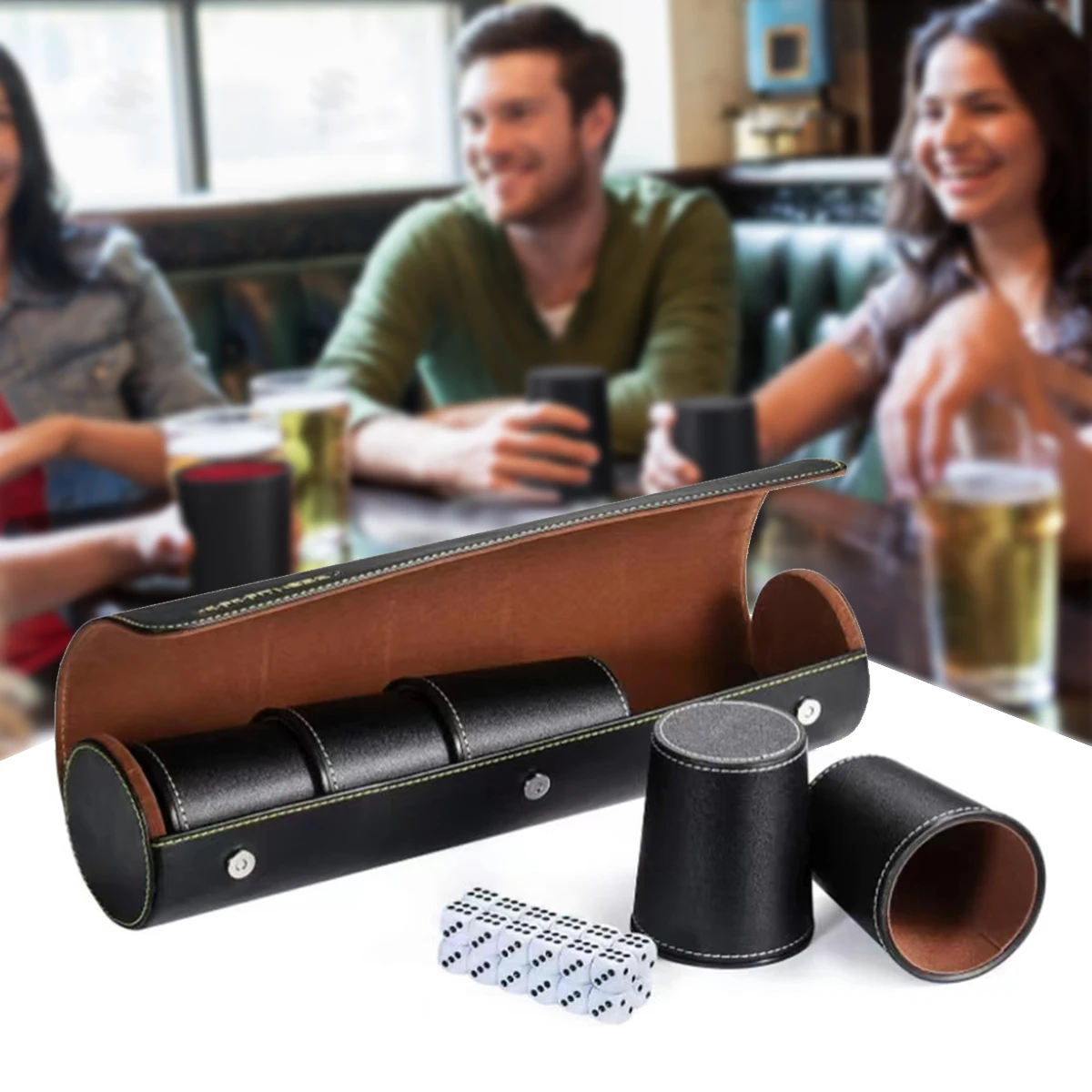 

Leather Dice Cup Set 5 Black Leather Dice Cups with Exclusive Storage Transport Case for Bar Friends Gatherings Adult Parties