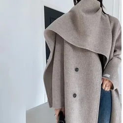 SuperAen 2024 Autumn and Winter New Woolen Coat Shawl Scarf Collar Double Breasted Solid Color Fashion Women's Woolen Coat