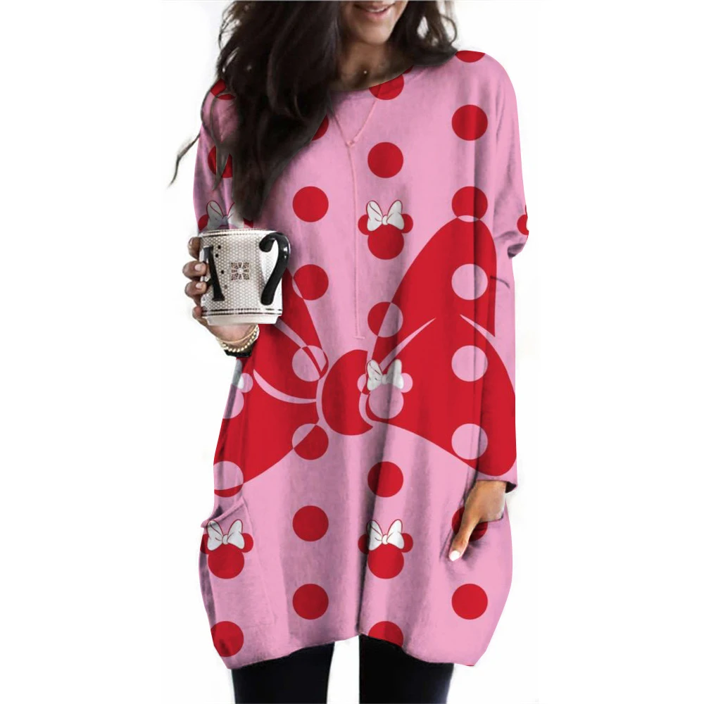 

Spring and Autumn women's long sleeved round neck oversized T-shirt 3XL plus size casual Disney Mickey Mouse loose pocket long T