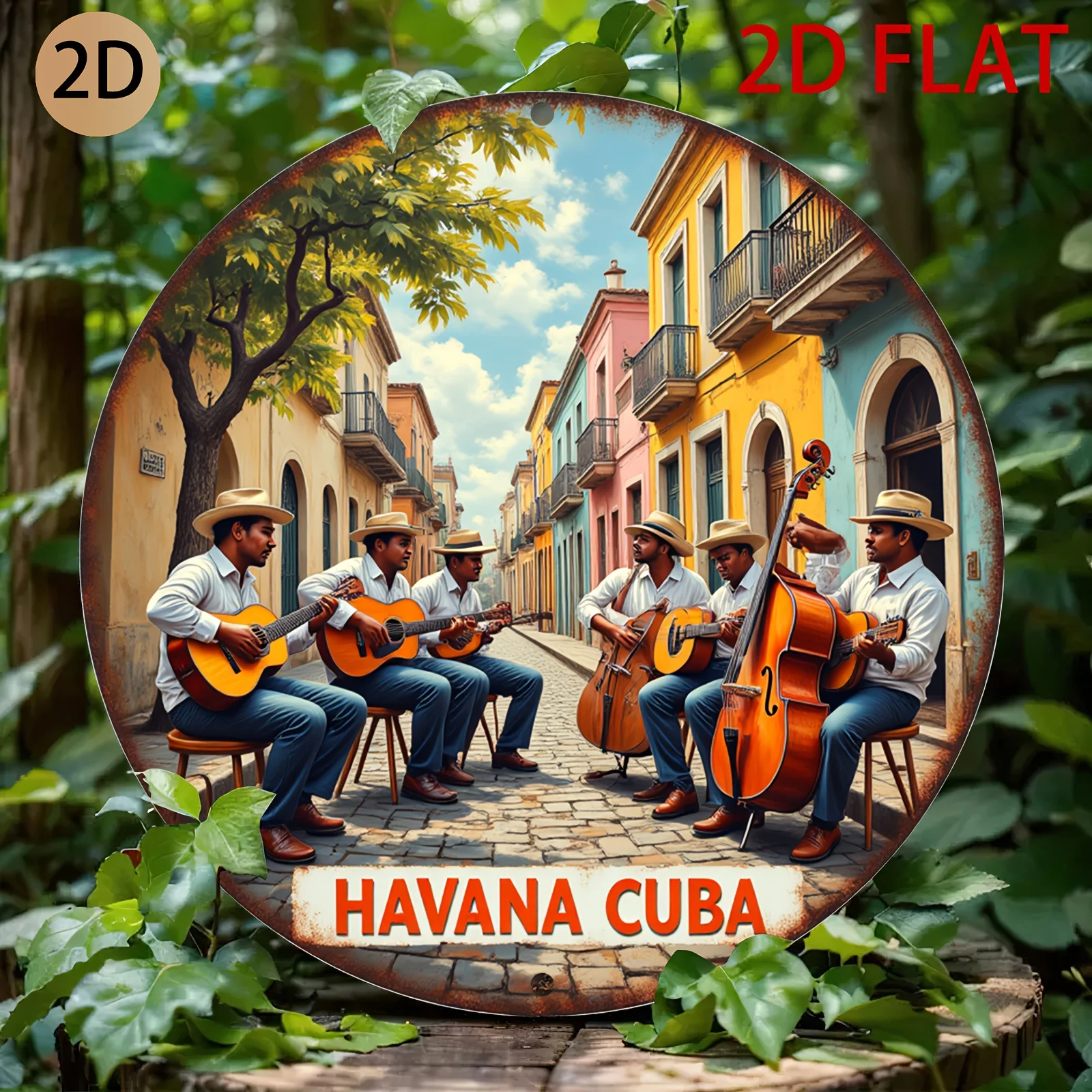 2D Flat, Vintage Havana Cuba Street Music Wall Art - Retro Tin Metal Sign with Colorful Guitarists & Buildings Design, Aluminum
