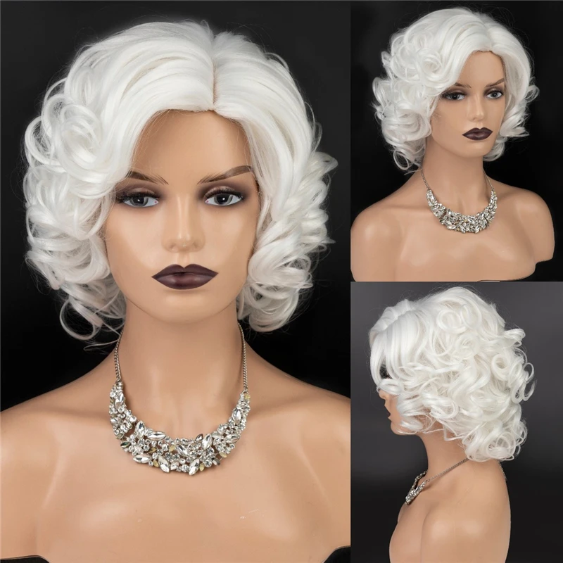 

MSIWIGS Women's Wavy Short Daily Wig American African Synthetic White Fake Hair for Women Cosplay Wigs