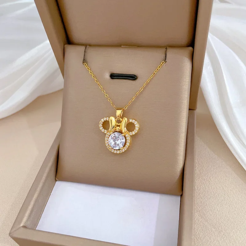 Cute Mouse Bow Minnie Rhinestone Necklace for Women Party Accessories Jewelry Cartoon Choker Necklace Titanium Steel
