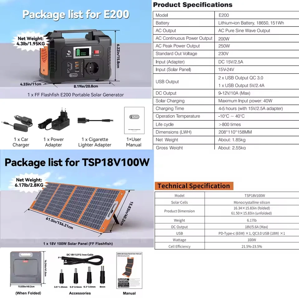 FF Flashfish E200 Draagbare Powerstation 200W 151Wh Zonne-energiegenerator 230V AC DC Batterijen Voeding Buitenbatterij