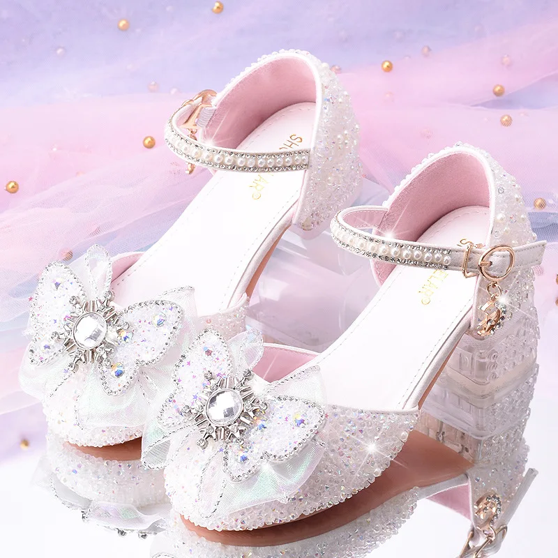 Girls' Princess Crystal Shoes High Heels with Skirts Children's Leather Etiquette Performance Footwear New sandal