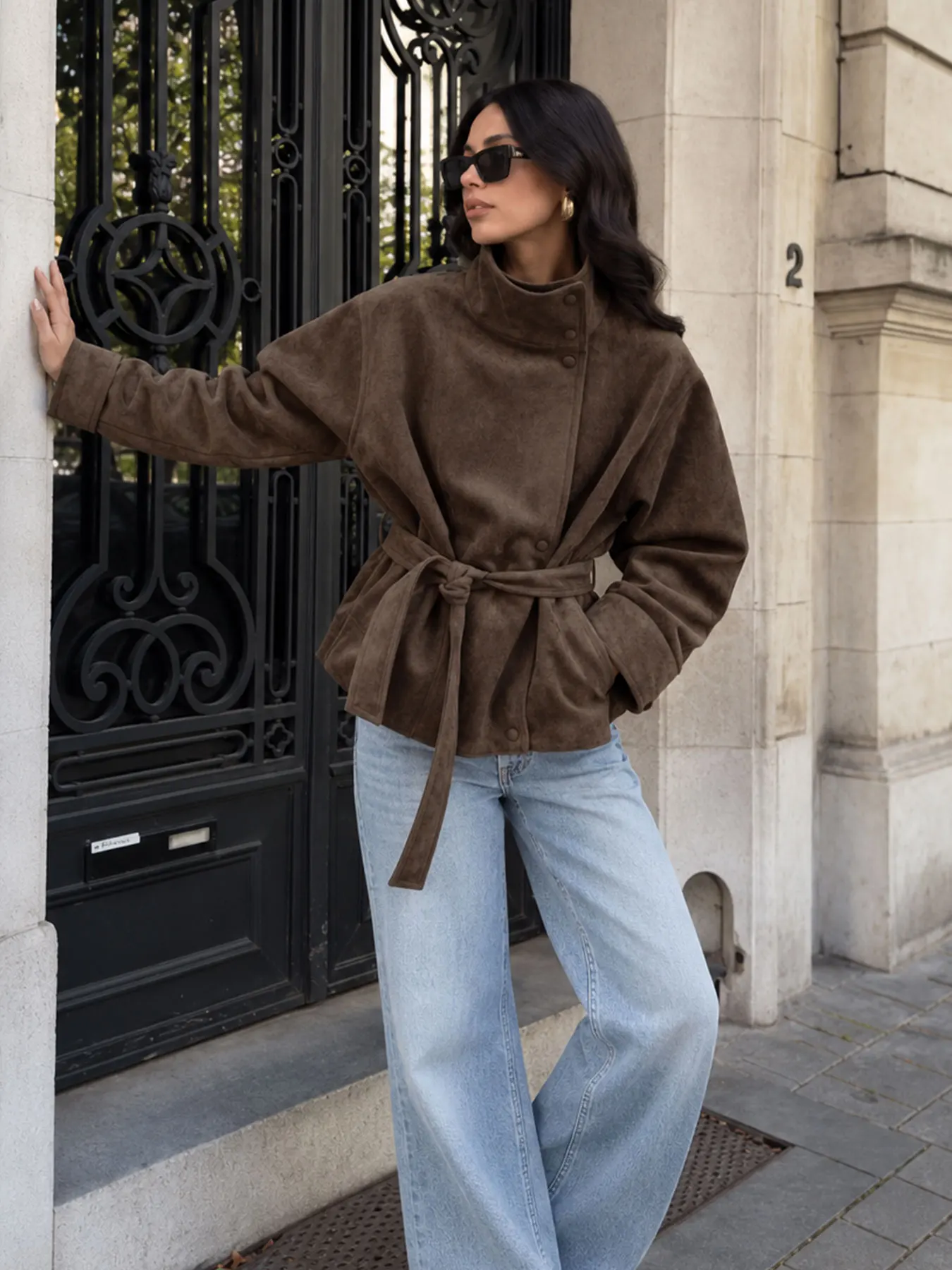 HH Women Elegant Fashion Solid Faux Suede Coat Stand Collar Long Sleeve Belt Jacket Autumn Winter Casual Woman Chic Streetwear