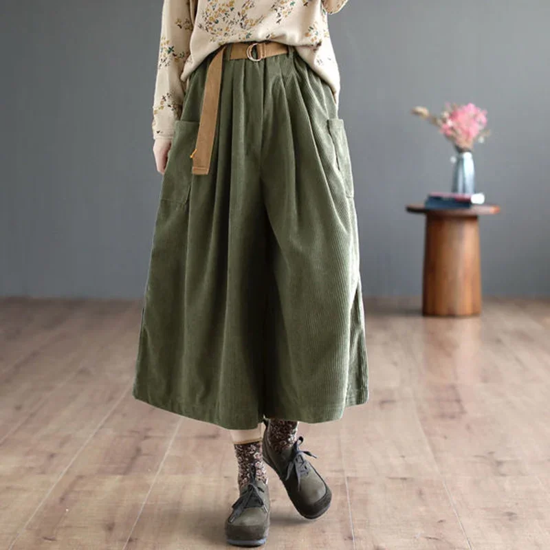 

Corduroy Vintage Calf Pants Spring Fall Women High Waist Loose Pockets Design Wide Leg Pants with Belt Korea Style Casual Pants