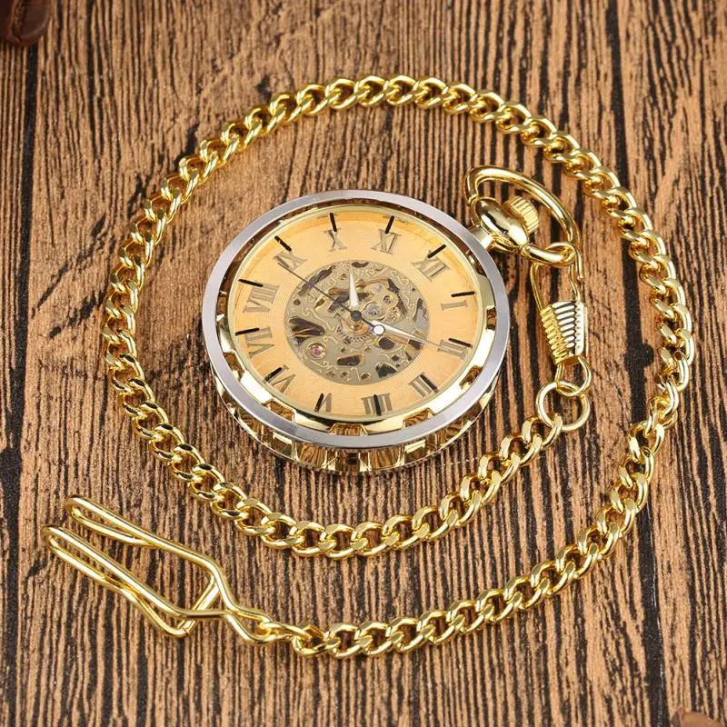 Vintage Golden Open Face Design Handwinding Mechanical Pocket Watch for Men Women with Pendant FOB Chain Luminous Hands Clock