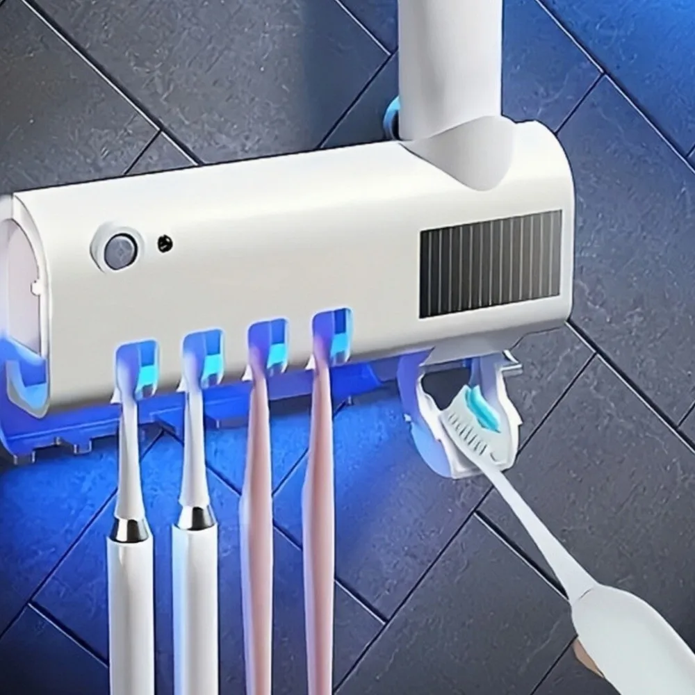 USB Recharge Automatic Toothpaste Dispenser Wall Mount Solar Powered Smart Toothbrush Holder No-Drill Installation