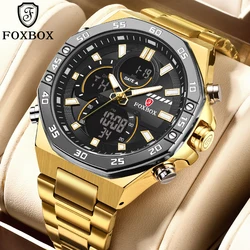 FOXBOX Steel Watches for Men Business Waterproof Men Watch Quartz Dual Display Digital Wristwatch Male Chronograph Clock relojes