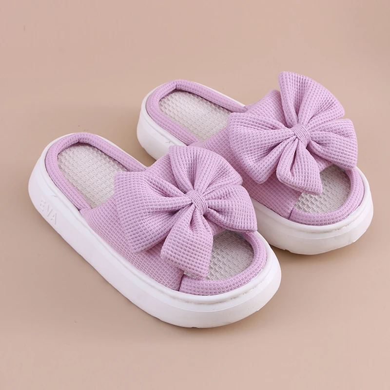 Hemp Platform Slippers Women Home Bow Sweet Casual Designer Shoes Ladies Spring Summer Indoor Slides Soft Sole Non-Slip Floor image 2