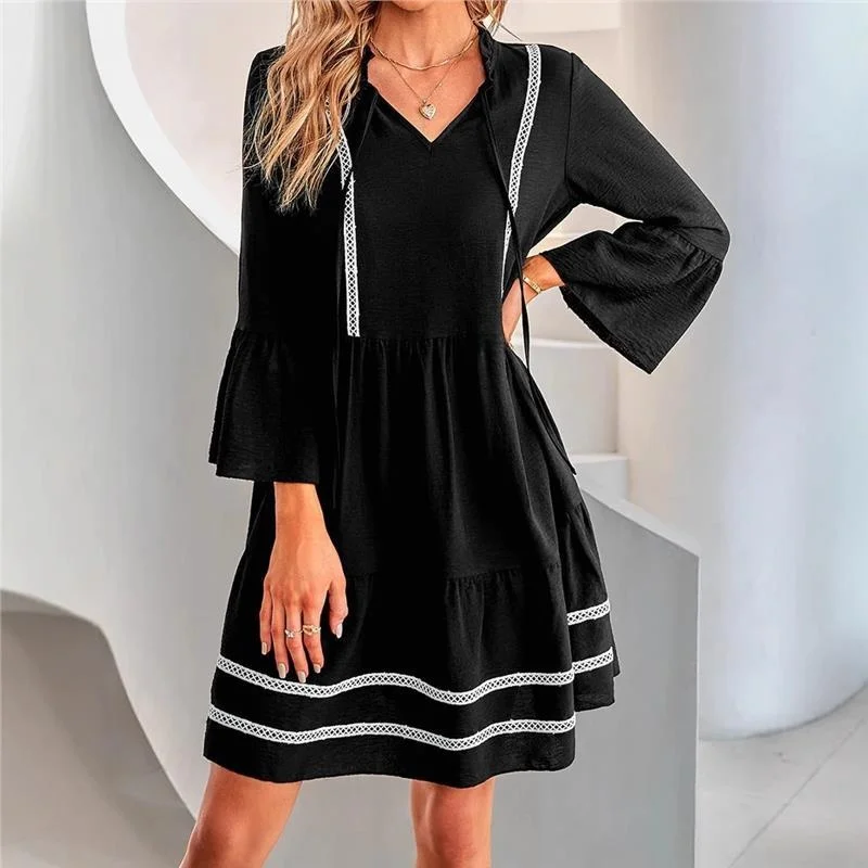 

2025 Women's Independent Station New Simple Casual V-ne Pleated ort Sve Hooded Lace Dr Autumn Season China Made