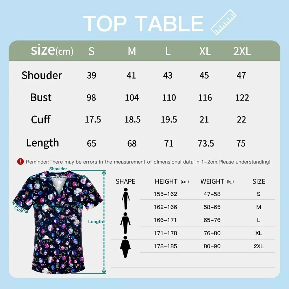 Summer Teeth Printing Scrub Top Unisex V Neck Work 3 Pocket Shirt Short Sleeve Nurse Uniform Medical Nursing T-shirt Cap