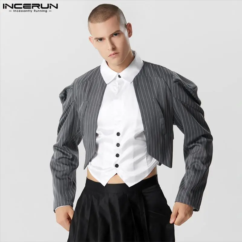 

Fashion Casual Style Tops INCERUN New Mens Collarless Striped Blazer Stylish Male Irregular Cropped Long Sleeved Suit Coat S-5XL