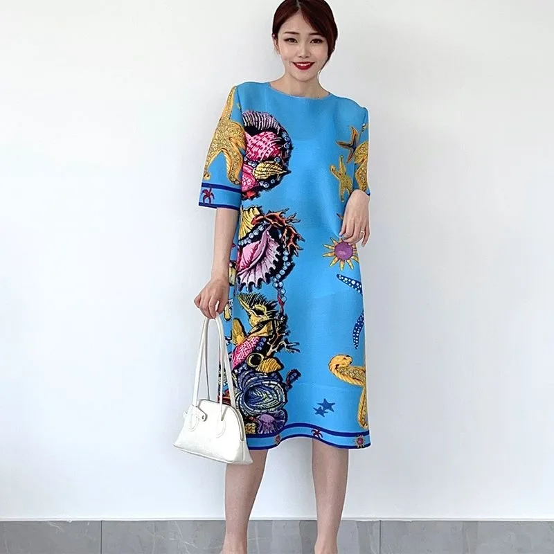 High end printed dress 2023 casual dresses for women loose pleated summer dresses commuting antique o neck dress female tops