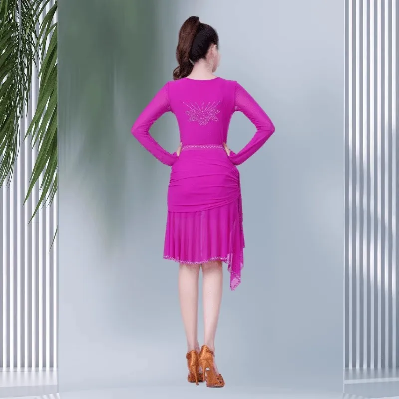 

Jitba's new colored diamond one-piece mesh yarn performance, dance costume, square dance, Latin dance, fringed practice, dance s