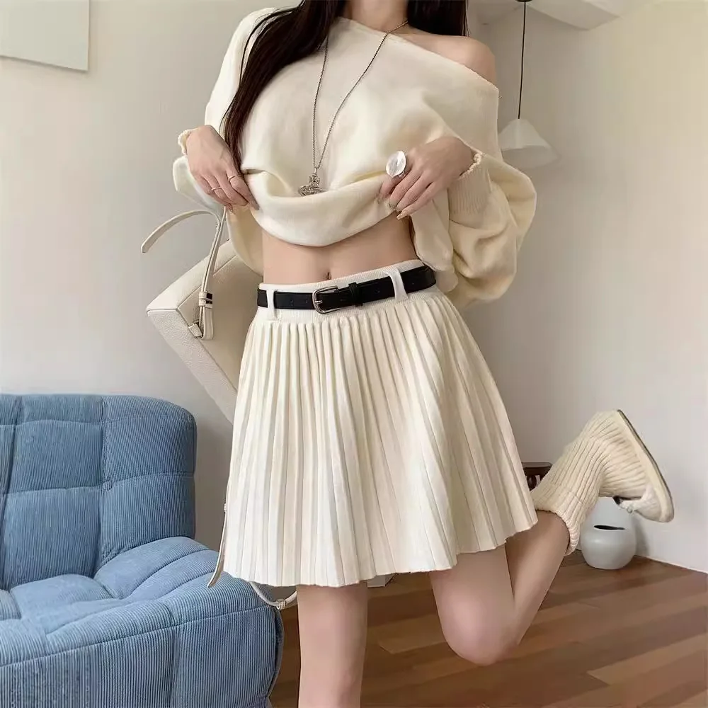 

Y2K Women Streetwear High Waist Knitted Pleated Short Skirt Autumn Winter Korean Solid Color Dancing JK Mini Skirts