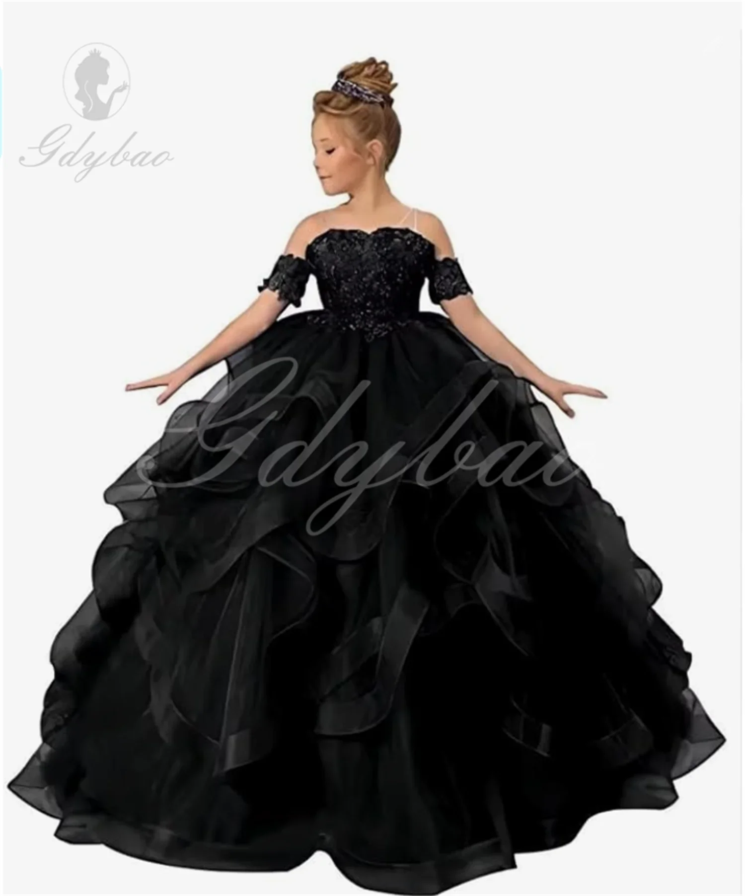 

Black Puffy Flower Girl Dresses for Wedding Beads Spaghetti Strap Kids Formal Wear Ruffles Tier Tulle First Communion Dress