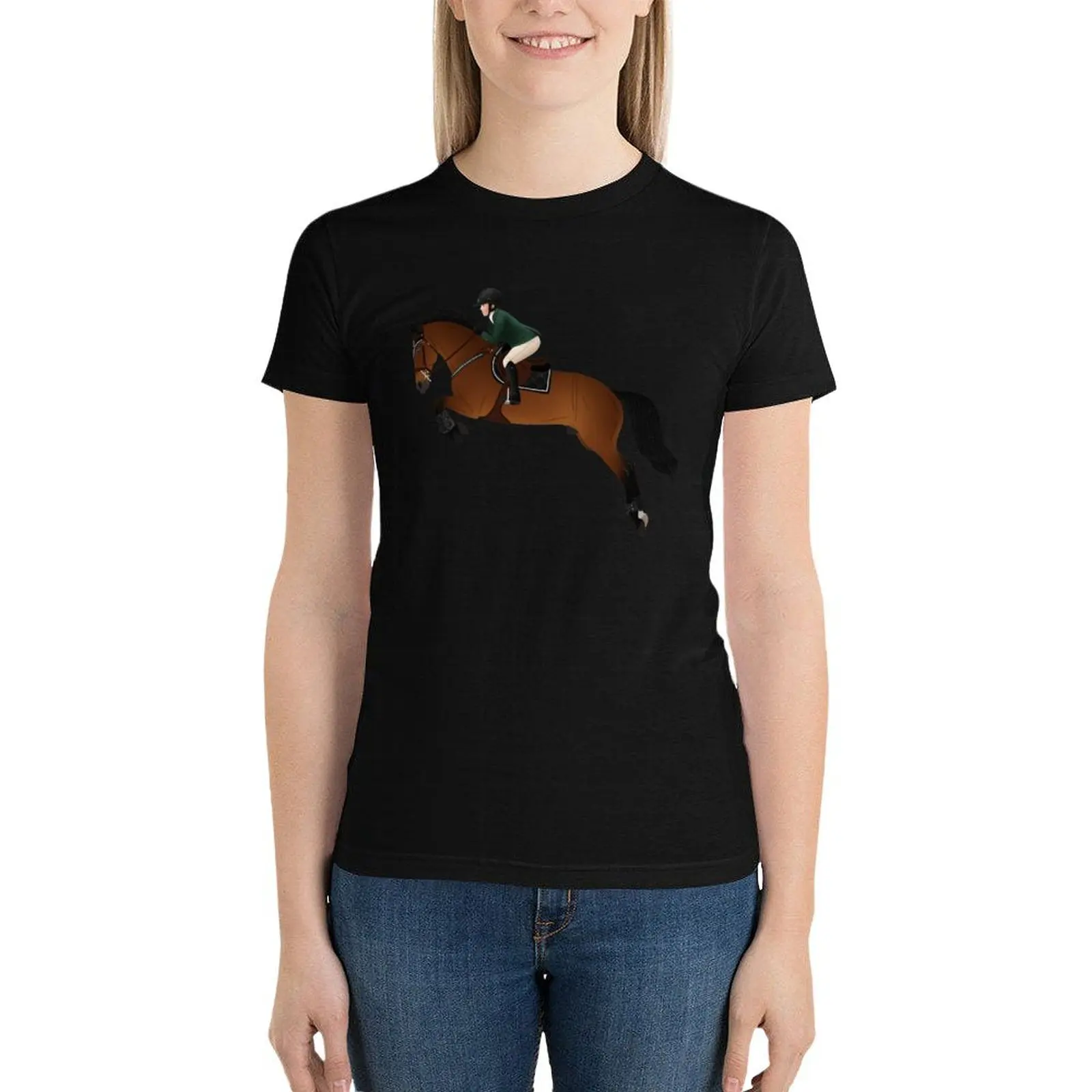 

Bay Warmblood Jumper and Rider - Equine Rampaige T-Shirt oversized funnys t-shirts for Women loose fit