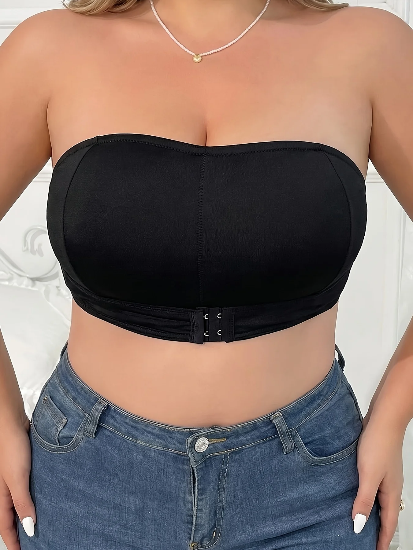 Plus Size Women Sexy Solid Strapless Bandeau Bra, Front Closure, Anti-slip Support, Daily Outfit