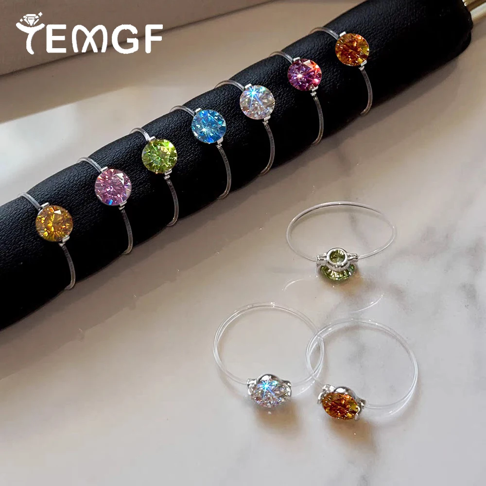 

TEMGF Transparent Fishing Line Ring Colorful Moissanite Ring for Women 925 Sterling Silver Holder Sparkling Fine Jewelry Gifts